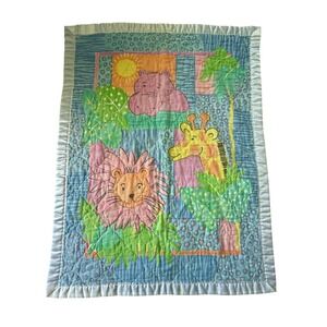 Vintage Jungle Safari Baby Quilt Lion Giraffe Hippo Blue Satin Ruffle Trim 33x44
